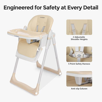 3-in-1 Foldable High Chair for Babies & Toddlers – Adjustable Height, Reclining Seat, 5-Point Safety Harness, Removable Tray, Lockable Wheels and Washable Cushion, Beige