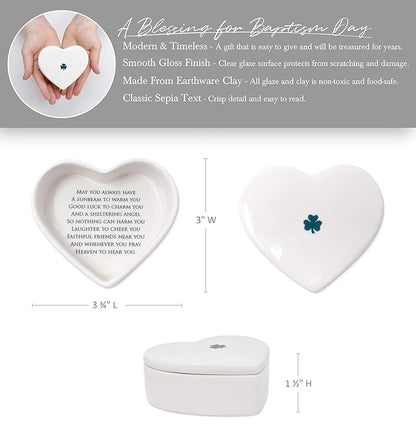 Baptism Gift, First Communion Gift, or Confirmation Gift, Handmade Heart Ceramic Keepsake Box with Irish Blessing and Shamrock in Green