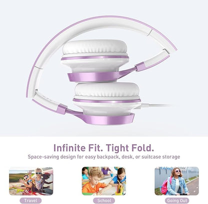 AILIHEN MS300 Purple Girl Headphones Wired with Microphone for Chromebook Laptop Computer, 3.5mm Foldable Lightweight on-Ear Headphones for School Teen Students