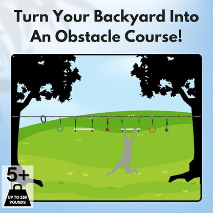 Slackers Ninjaline - 36' Intro Kit - Includes 7 Hanging Attachments - Best Outdoor Ninja Warrior Training Equipment For Kids - Build Your Very Own Backyard Obstacle Course - Rated Ages 5+