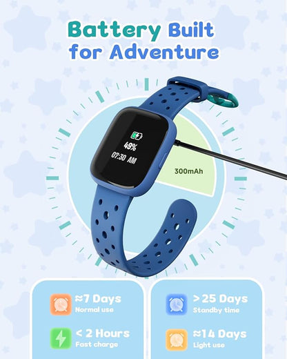 Kids Watch for Boys 5-12, Kids Smart Watch Fitness Tracker Pedometer, No Phone Needed, Puzzle Games with Parental Control, IP68 Waterproof, Heart Rate, Sleep Monitor, Step Counter, 80 Sports