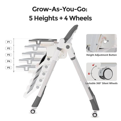3-in-1 Foldable High Chair for Babies & Toddlers – Adjustable Height, Reclining Seat, 5-Point Safety Harness, Removable Tray, Lockable Wheels, Washable Cushion – Portable & Easy Clean, Grey