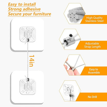 No Drill Metal Furniture Anchors (10 Packs) for Baby Proofing, 14" Adhesive Anti-Tip Furniture Wall Safety Straps for Child, Keep Toddlers & Pets Safe from Falling Furniture Like Dresser & Bookshelf