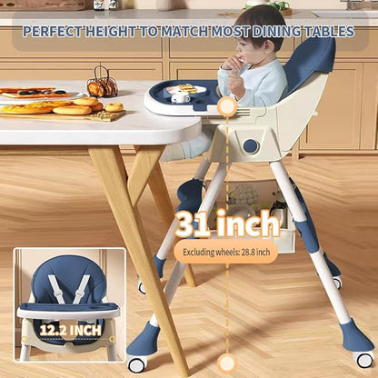 High Chairs for Babies and Toddlers, 4 in 1 Convertible Baby High Chair, Portable High Chair for Travel with Adjustable Height and Back, Foldable HighChair with Wheels& Pu Cushion