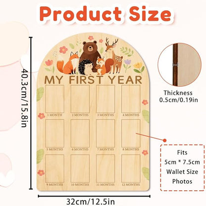 ORIGACH My First Year Baby Growth Photo Display Wood Board - 12 Months Newborn Milestones Photo Board - Neutral Baby Keepsake Frame 1st Birthday Party Nursery Decor New Mom Gift - Forest Animals
