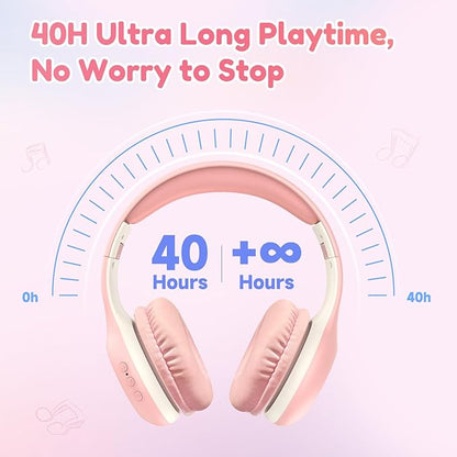 EarFun K2 Kids Bluetooth Headphones, Kids Headphones with Volume Limited, 40H Playtime, Built-in Mic, Stereo Sound, Foldable Over-Ear Headphone for School/Travel/iPad/Tablet, Pink