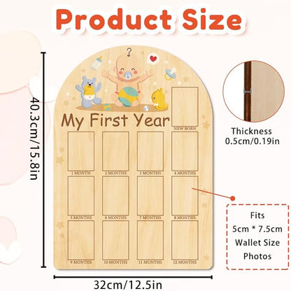 ORIGACH My First Year Baby Growth Photo Display Wood Board - 12 Months Newborn Milestones Photo Board - Neutral Baby Keepsake Frame 1st Birthday Party Nursery Decor New Mom Gift - Baby Bear & Duck