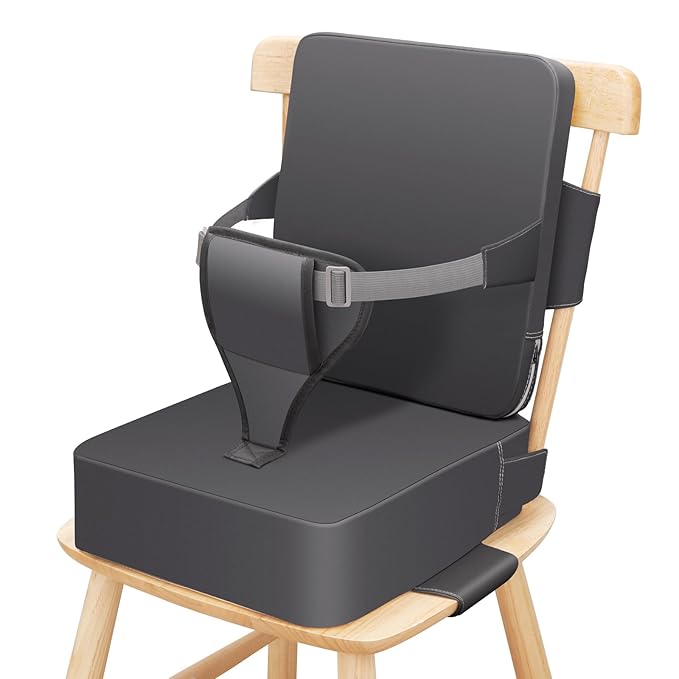 Toddler Booster Seat for Dining Table, Non-Slip Kitchen Chair Booster Seat with Backrest and Adjustable Straps, Portable PU Waterproof Travel Baby Booster Increasing Cushion