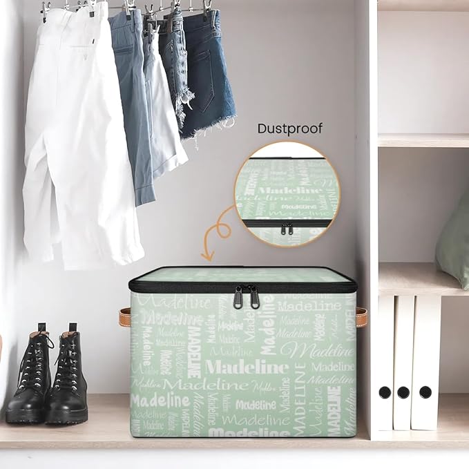 Custom Storage Basket with Name, Personalized Storage Bins with Zipper Lid, Foldable Fabric Storage Box Large capacity with Handle Green