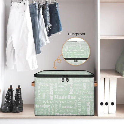 Custom Storage Basket with Name, Personalized Storage Bins with Zipper Lid, Foldable Fabric Storage Box Large capacity with Handle Green
