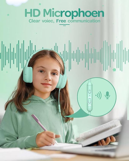 Kids Headphones for School Toddler Wired with Microphone Plug in Bulk Boys Headset Girls 3+ Year Old Green