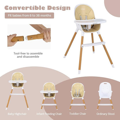 BABY JOY Convertible Baby High Chair, 3 in 1 Wooden Highchair/Booster/Chair with Removable Tray, Adjustable Legs, 5-Point Harness, PU Cushion and Footrest for Baby, Infants, Toddlers (Beige)