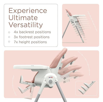 KÜB 3-in-1 Foldable Baby High Chair, 7 Height & 4 Recline Adjustable Seat & Tray for Easy Clean, 2 Locking Wheels, Multifunctional Infant High Chairs for Babies and Toddlers (Pink, with Toys)