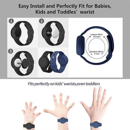 2 Pack Waterproof Airtag Wristband Kids - Anti-Lost Silicone Airtag Holder Cases for Toddler - GPS Tracker Watch Band (Black+Blue)