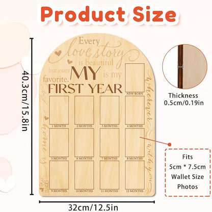ORIGACH My First Year Baby Growth Photo Display Wood Board - 12 Months Newborn Milestones Photo Board - Neutral Baby Keepsake Board 1st Birthday Party Nursery Decor New Mom Gift - Sentiment Words