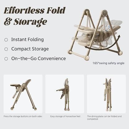 Multi Functional All in 1 Baby High Chair Swings for Infants Foldable Rocking 8 Level Height Adjustment Eco Friendly Washable PU Cushion Ultimate Baby Feeding Chair (Brown)