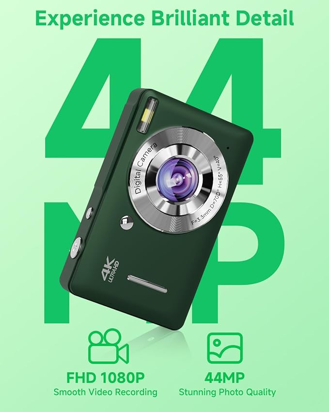 Digital Camera, 44MP FHD 1080P, 16X Zoom, 32GB SD Card, Compact Camera for Kids Teens Adults, Green