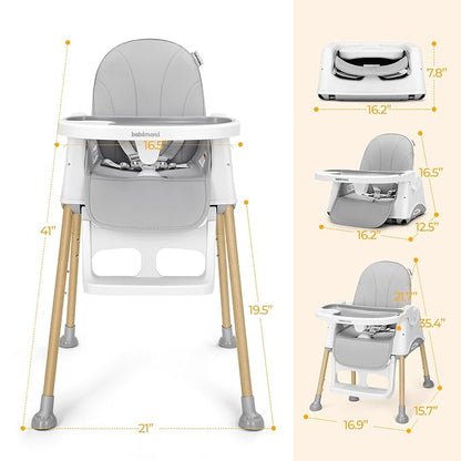 3 in 1 High Chairs for Babies and Toddlers, Convertible High Chair, High Chair with Foot Rest and Double Tray, Easy to Clean, Compact and Versatile, Perfect for Growing Kids, Gray
