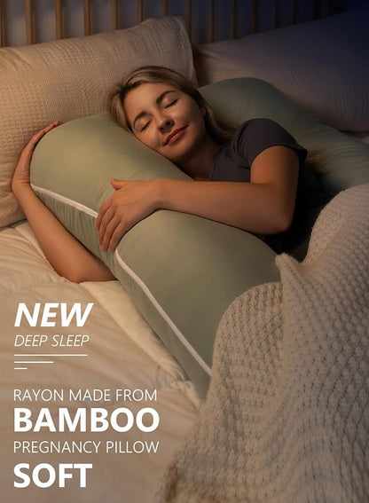 Meiz Pregnancy Pillow, U Shaped Pregnancy Pillows for Sleeping Cooling, 55 Inch Maternity Pillow for Pregnant Women, Body Pillows for Adults, Rayon Cover from Bamboo, Sage Green