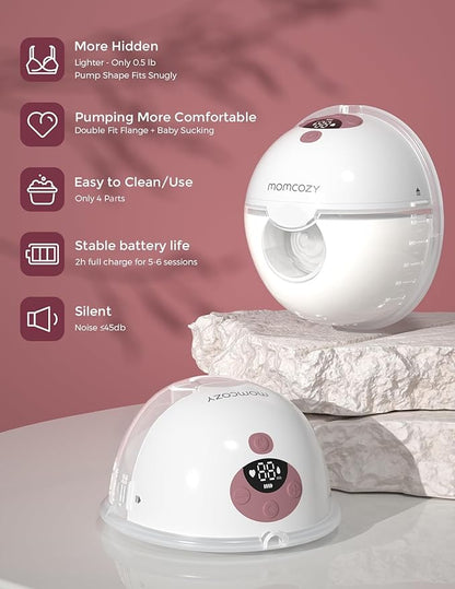 Momcozy M5 Hands-Free Wearable Breast Pump, Double-Sealed Flange for Baby-Like Comfort, 3 Modes & 9 Suction Levels, Portable Electric Pump – 24mm, 2-Pack Cozy Red