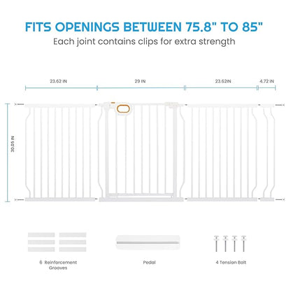 owlie Baby Gate Indoor 75-85 Inch, Extra Wide Safety Gate for Dogs Large Stairway Gate Adjustable Baby Gates Pressure Mount Wide Gates for Pet Stairway Doorways No Drilling White (30.5'' Tall)