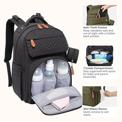 BabbleRoo Diaper Bag Backpack, Travel Backpack with Changing Pad, Pacifier Case & Stroller Straps, Multifunction, Waterproof, Unisex – Black