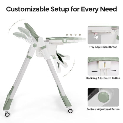 3-in-1 Foldable High Chair for Babies & Toddlers – Adjustable Height, Reclining Seat, 5-Point Safety Harness, Removable Tray, Lockable Wheels, Washable Cushion – Portable & Easy Clean, Green
