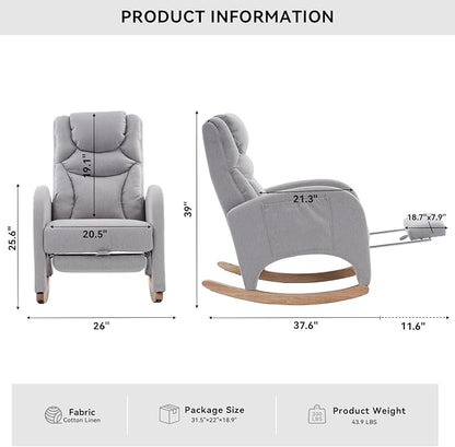 Rocking Chair Nursery, Modern Glider Chair with Adjustable Footrest and Solid Wood Legs, High Backrest Nursery Chair with Side Pocket, Rocker Armchair for Living Room Bedroom, Cotton Linen Light Gray