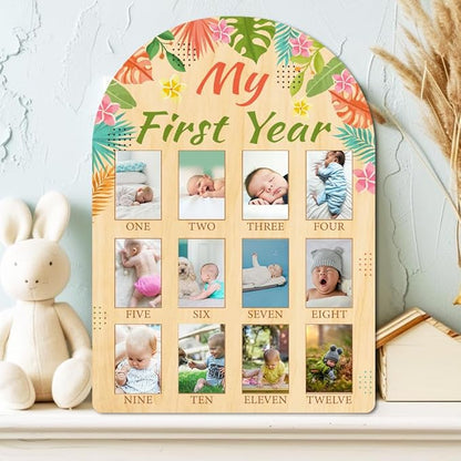 ORIGACH My First Year Baby Growth Photo Display Wood Board - 12 Months Newborn Milestones Photo Board - Neutral Baby Keepsake Board 1st Birthday Party Nursery Decor New Mom Gift - Tropical Leaves