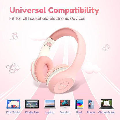 EarFun K2 Kids Bluetooth Headphones, Kids Headphones with Volume Limited, 40H Playtime, Built-in Mic, Stereo Sound, Foldable Over-Ear Headphone for School/Travel/iPad/Tablet, Pink