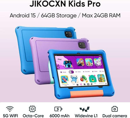 Kids Tablet, Android 15 Tablet for Kids 10 inch Octa-Core with Case, 24GB RAM 64GB ROM 1TB TF Card Expandable for Toddler Children, Parental Control, Dual Camera, BT5.0, WiFi, Gift (Purple)
