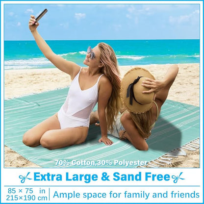 Oversized Turkish Beach Towel Blanket XXL Cotton Sandproof Towels Boho Woven Extra Large Big Sand Free Giant Throw Thick Blankets Huge Quilt XL Picnic Camping Necessities Cloud For Adult Gifts Aqua