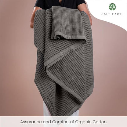 Salt Earth GOTS Certified 100% Organic Cotton Throw Blanket, 90" X 90" Waffle Blankets & Throws for Bed, Throw Blanket for Couch, Modern & Cozy Blanket, All Season,Comfy & Soft Blanket(Charcoal Grey)