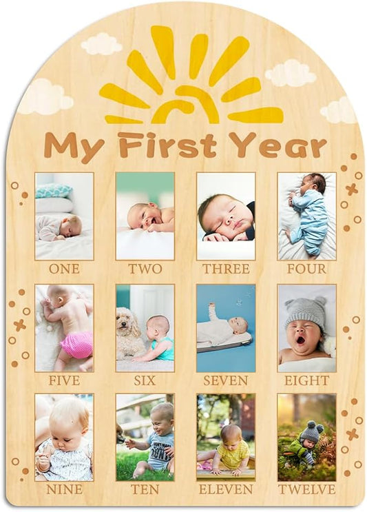 ORIGACH My First Year Baby Growth Photo Display Wood Board - 12 Months Newborn Milestones Photo Board - Neutral Baby Keepsake Frame 1st Birthday Party Nursery Decor New Mom Gift - Sun & Cloud