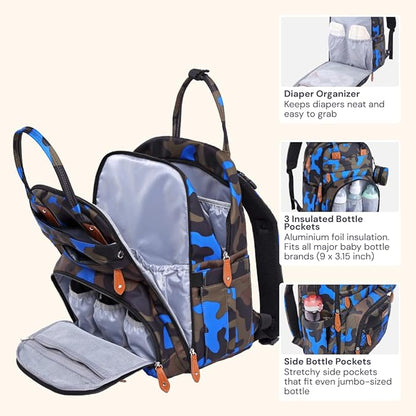 BabbleRoo Diaper Bag Backpack - Baby Essentials Travel Tote - Multi function Waterproof Diaper Bag, Travel Essentials Baby Bag with Changing Pad, Stroller Straps & Pacifier Case - Unisex, Blue Camo