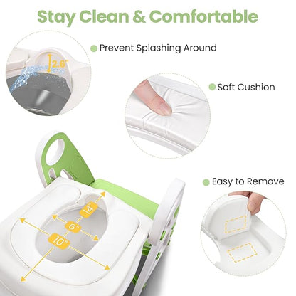 Primlect Potty Training Seat, 2-in-1 Toddler Toilet Seat with Step Stool, Ultra-Stable Potty Chair Attachment, Adjustable Seat and Step Ladder, Non-Slip Design, Splash Guard for Boys and Girls(Green)