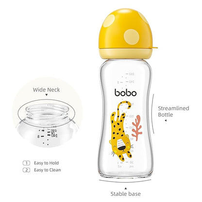 YOHKOH Natural Glass Baby Bottle with Natural Response Nipple, Newborn Anti-Colic Baby Bottles, Wide Neck Mushroom Cap Baby Bottle, Clear (8.8ounce (Pack of 4), Yellow2)