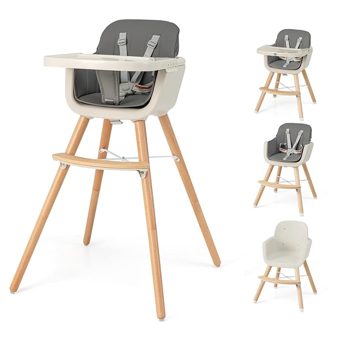 HONEY JOY Baby High Chair, 6-in-1 Eat & Grow Wooden Highchair/Toddler Chair with Removable Tray, 5-Point Harness, PU Cushion and Footrest, Convertible High Chair for Babies and Toddlers(Dark Gray)