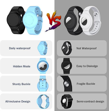R-fun Portable Electronic Device Cover for Kids, Waterproof Airtag Bracelets [2 Pack] - Soft Silicone, Anti-Lost GPS Item Finders Case Cover, Black/Glow Blue