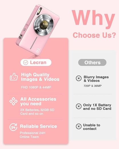 Digital Camera, FHD 1080P Point and Shoot Kids Camera, with 32GB Card, 2 Batteries, 16X Zoom Anti Shake Date Stamp, Compact Portable Small, for Starter Kid Children Teen Student Girl Boy(Pink)
