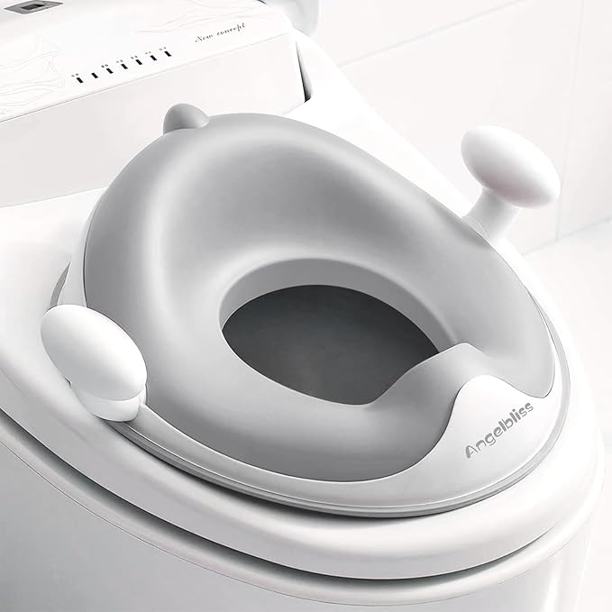 ANGELBLISS Baby Potty Training Toilet Seat with Soft Cushion Handles, Haute Collection, Double Anti-Slip Design and Splash Guard for Boys and Girls (Grey)