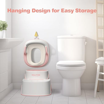 Potty Training Seat with Step Stools, Maliton Potty Training Toilet for Toddlers Girls with Splash Guard, Anti-Slip Toddler Stool for Bathroom, One Potty Seat and 2 in 1 Step Stool for Kids (Pink)