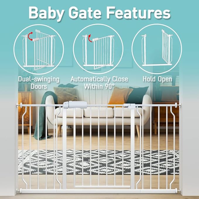 WAOWAO Baby Gate 43.31-48.00" Extra Wide Pressure Mounted Walk Through Swing Auto Close Safety White Metal Toddler Kids Child Dog Pet Puppy for Stairs,Doorways,Kitchen