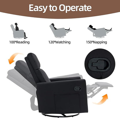 Swivel Rocker Recliner Chair, Upholstered Fabric Nursery Rocking Glider Chair with Adjustable Backrest and Footrest, Lay Flat Recliner Single Lazy Sofa for Living Room, Black