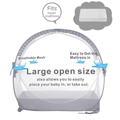 Baby Safety Crib Tent Infant Pop up Mosquito Net Nursery Bed Canopy Netting Cover - Keep Baby from Climbing Out with Hanging Diaper Storage Bag (Gray)