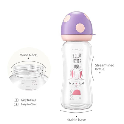 YOHKOH Natural Glass Baby Bottle with Natural Response Nipple, Newborn Anti-Colic Baby Bottles, Wide Neck Mushroom Cap Baby Bottle, Clear ((8.8oz (Pack of 2), Purple)