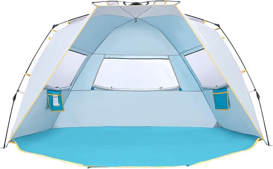 WolfWise 6-7 Person Easy Up Beach Tent UPF 50+ Portable Instant Sun Shelter Canopy Umbrella with Extended Zippered Porch, Blue
