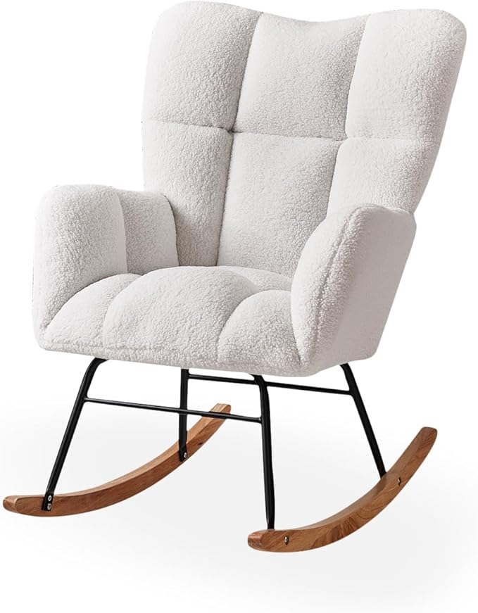 Nursery Rocking Chair, Teddy Upholstered Glider Rocker with High Backrest Armchair, Modern Rocking Accent Chairs for Nursery, Living Room, Bedroom, Offices (Ivory)