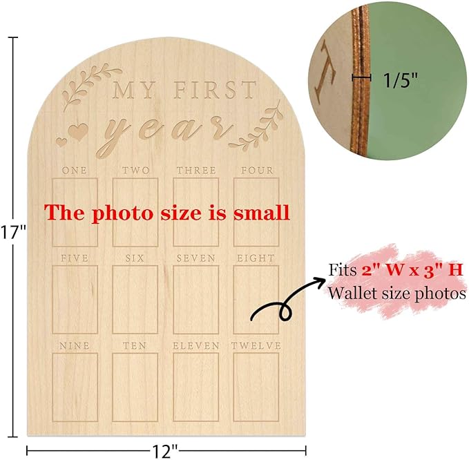 My First Year Photo Display Wood Board Baby's First Year Photo Frame Milestone Board 12 Months Baby Picture Frame 1st Birthday Nursery Decorations for Boy Girl Baby Keepsake Gift for Mom (2" x 3" photos - Wallet Size)