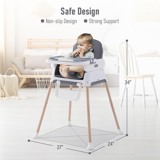 3 in 1 Baby High Chair,Adjustable Convertible Infant Baby Feeding Chair Booster for Eating with Detachable Double Tray,5 Point Harness,Deep Gray